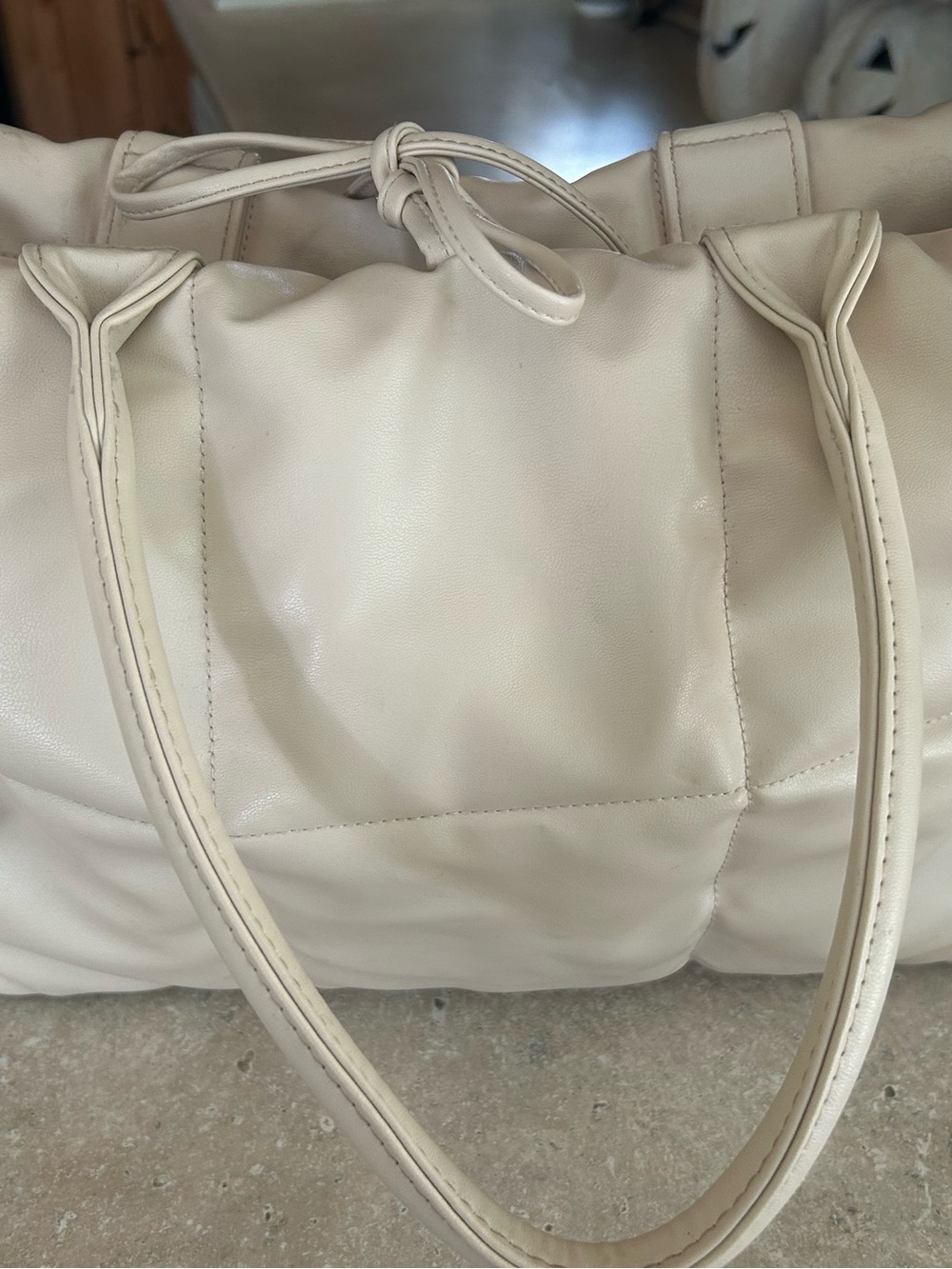 Cream Quilted Tote Bag with Top Tie